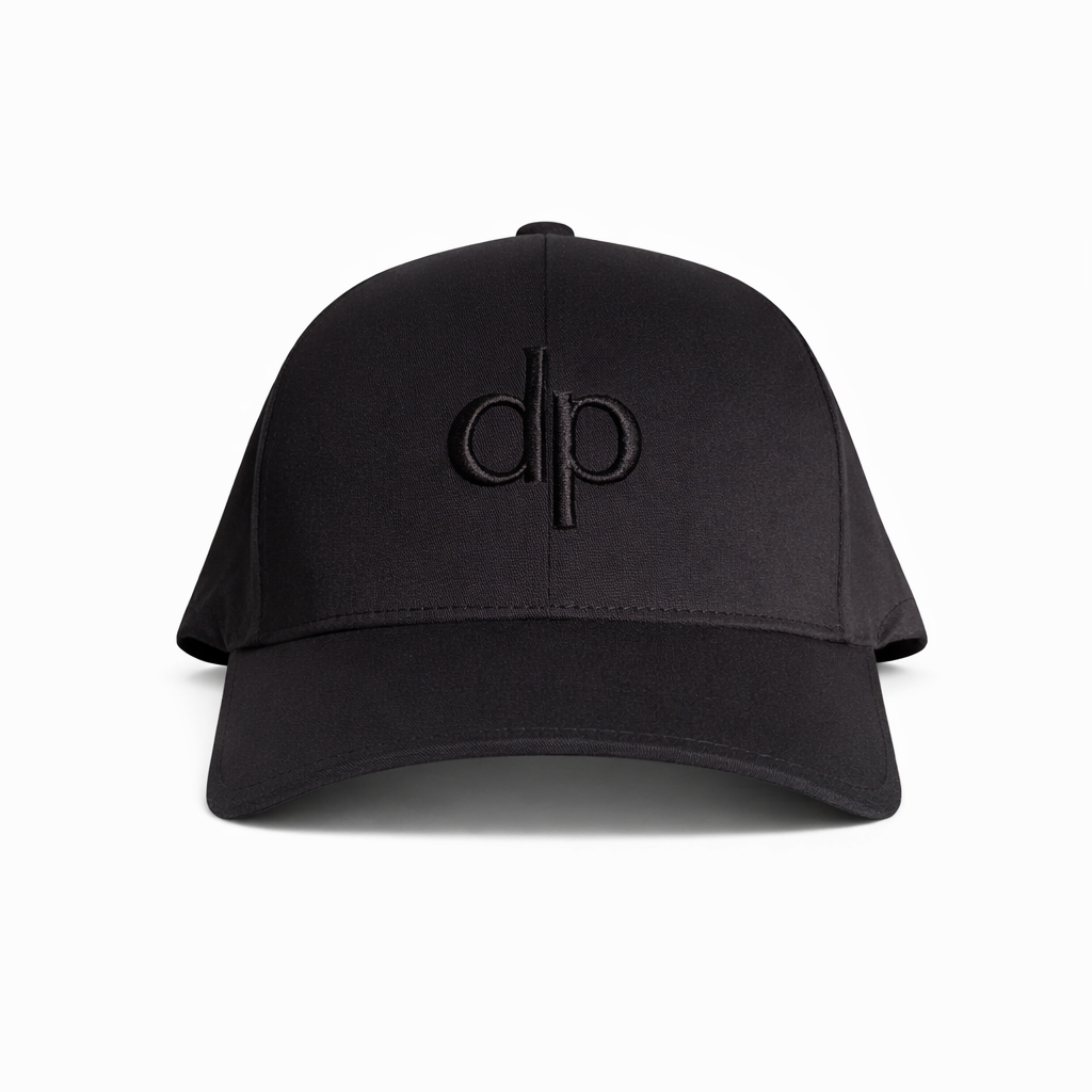 Donato Palangio black tech hat with embroidered dp logo, front view