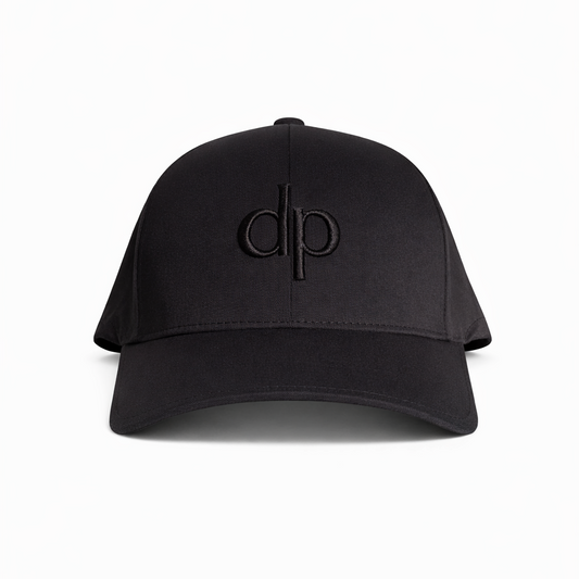 Donato Palangio black tech hat with embroidered dp logo, front view