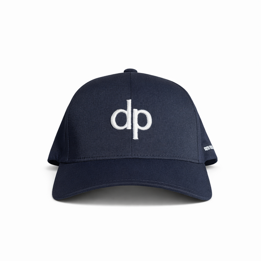 Donato Palangio navy tech hat with embroidered dp logo, front view