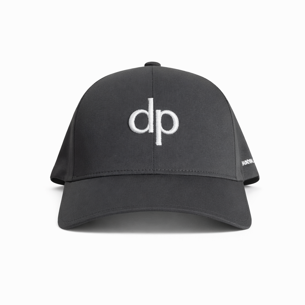 Donato Palangio grey tech hat with embroidered dp logo, front view