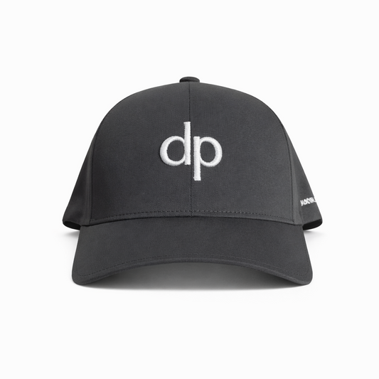 Donato Palangio grey tech hat with embroidered dp logo, front view