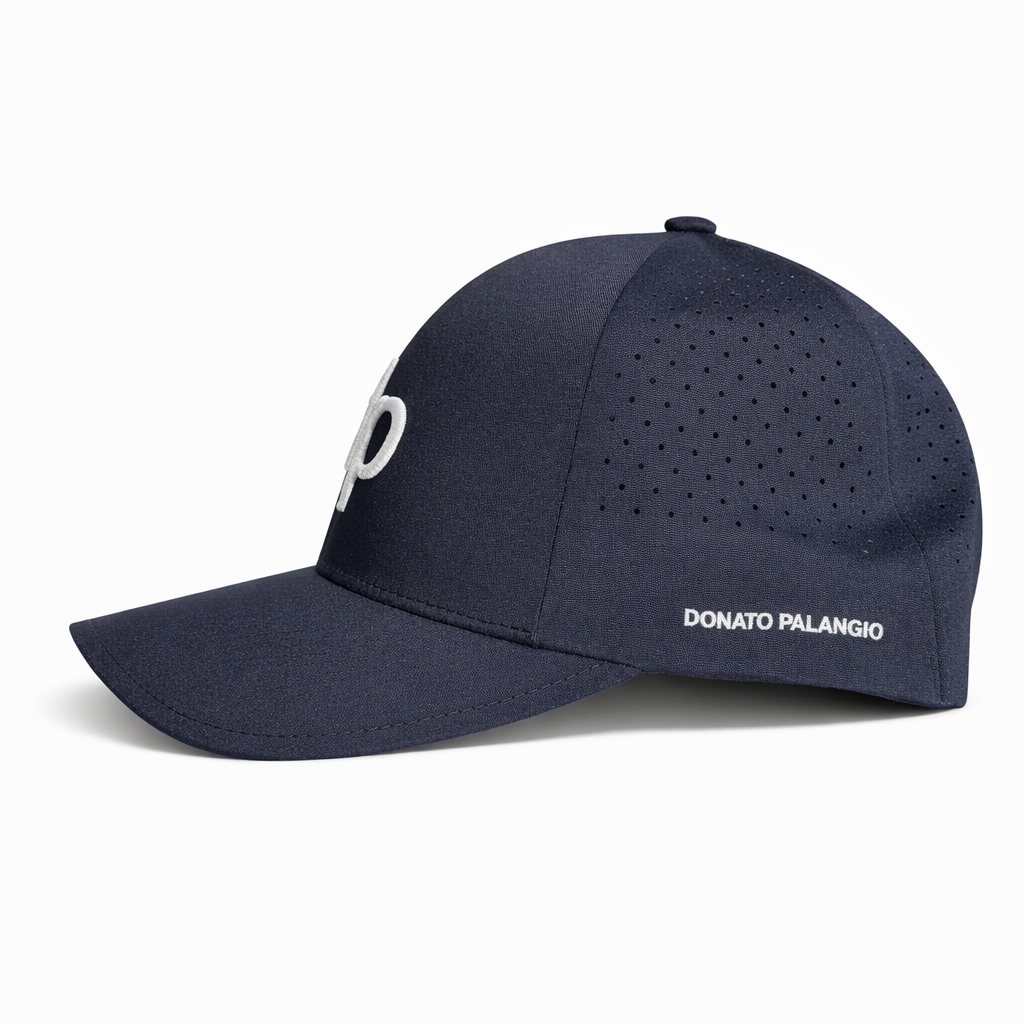 Donato Palangio navy tech hat with embroidered dp logo, side view