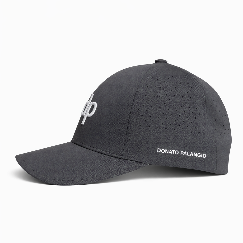 Donato Palangio grey tech hat with embroidered dp logo, side view