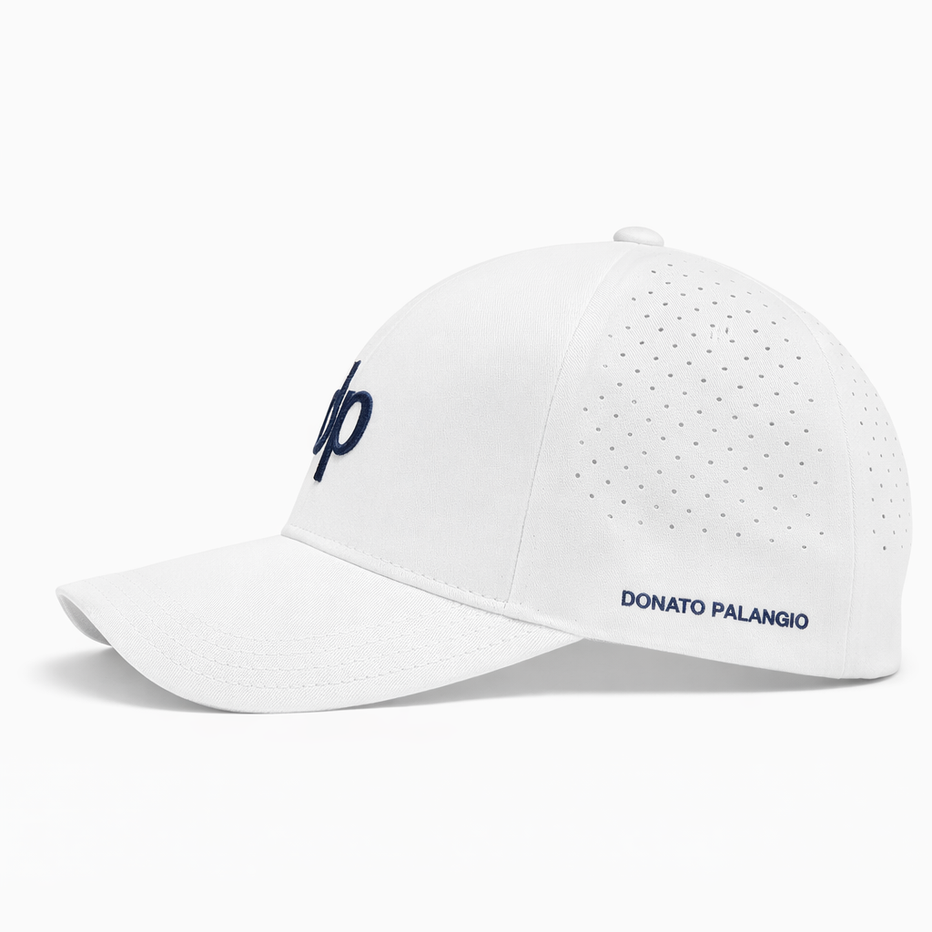 Donato Palangio white tech hat with embroidered dp logo, side view