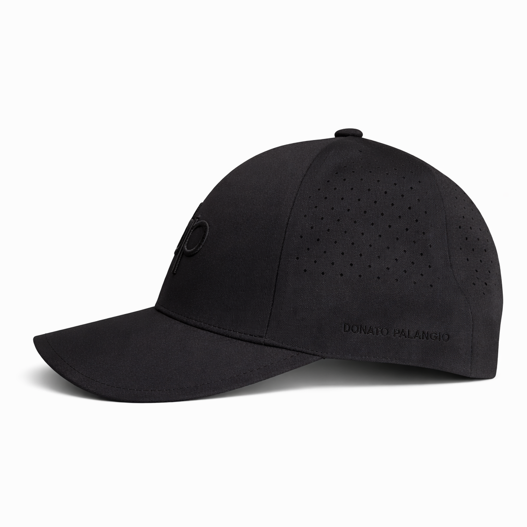 Donato Palangio black tech hat with embroidered dp logo, side view