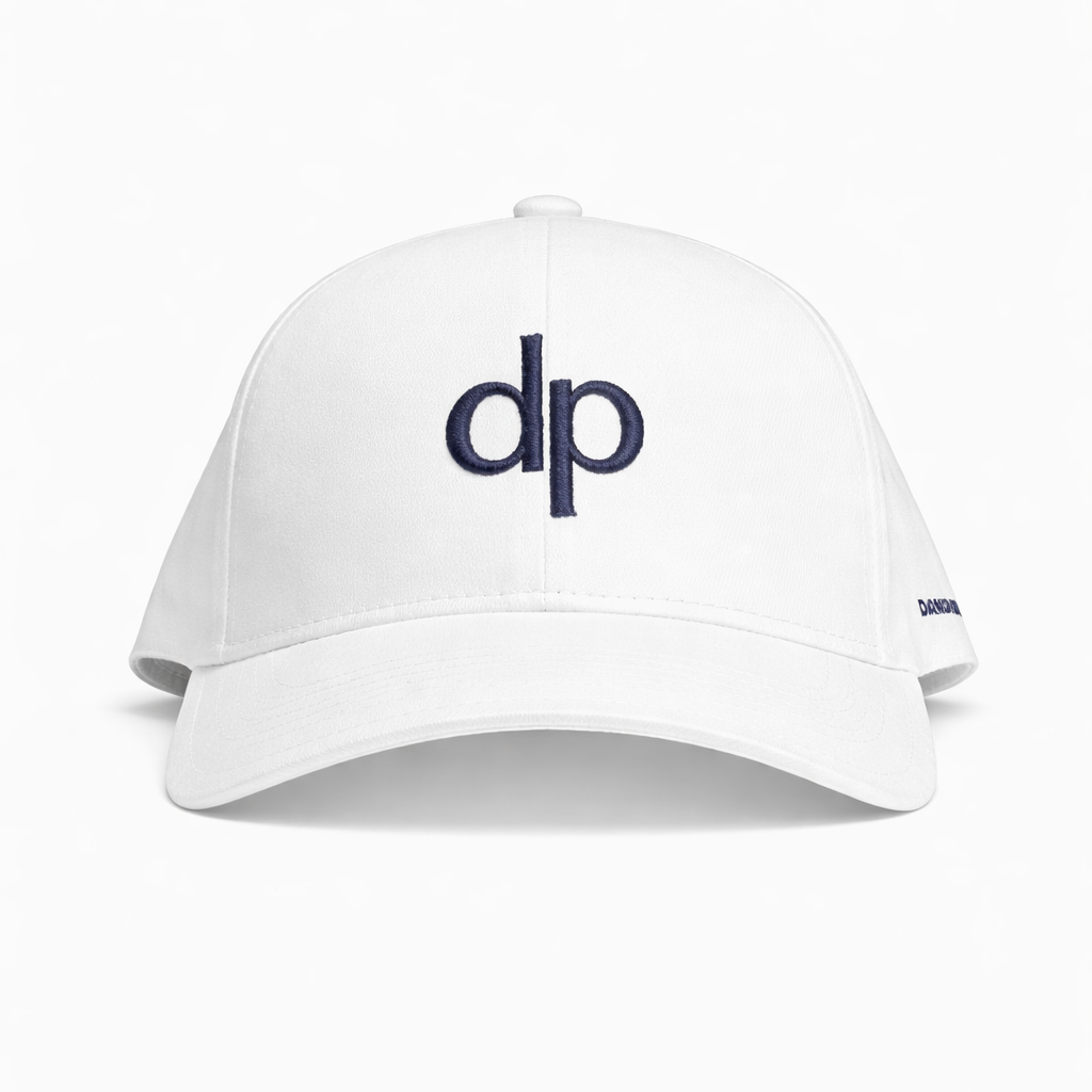 Donato Palangio white tech hat with embroidered dp logo, front view