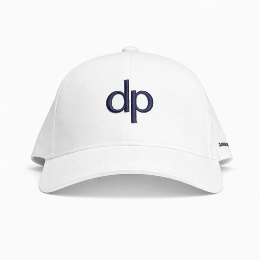 Donato Palangio white tech hat with embroidered dp logo, front view
